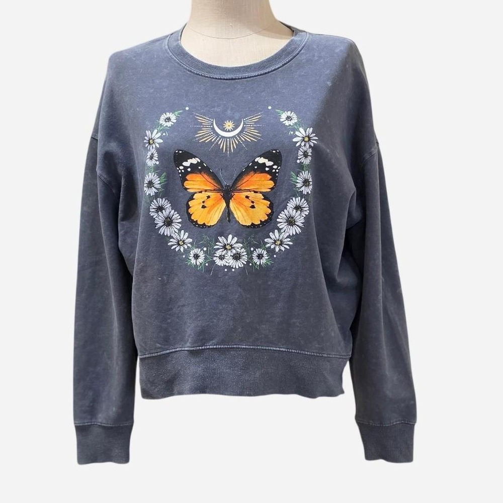 Rebellious One women's gray sweatshirt with a colorful orange butterfly